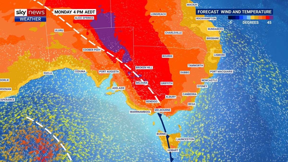 Alison_Osborne_'s tweet photo. Can't say I relish the sight of 'apocalypse purple' (45C+) on our #SkyNewsWeather maps - hottest temperatures in 4-5 years on the way for parts of Western VIC and NSW by Monday- dangerous fire weather and a heatwave spanning five states. Details #Ch601 and on @SkyNewsAust https://t.co/NMgi1kpW9Q