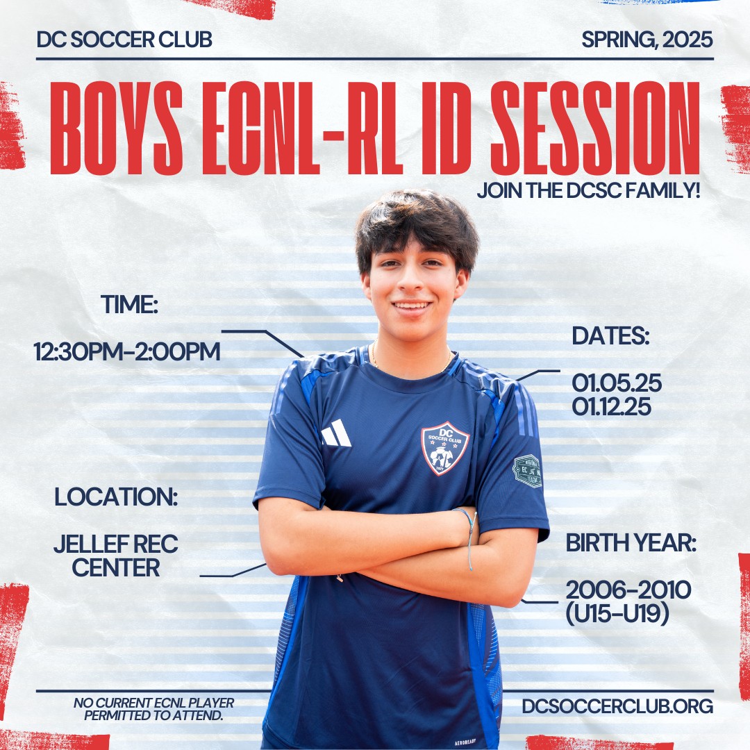 DCSoccerClub's tweet photo. ECNL-RL ID Sessions Are Here! ⚽️

Calling all players born 2006-2010—don’t miss your chance to showcase your skills and be part of the DCSC family!

📅 Dates:
- Sunday, January 5th
- Sunday, January 12th

Register now: https://t.co/U3Lf0w3T6z https://t.co/IjW9zDCVdn