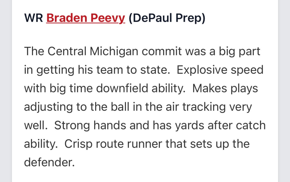 Braden Peevy 3⭐️ (@bpeevy5) on Twitter photo Thank you <a href="/PrepRedzoneIL/">Prep Redzone Illinois</a> for the Write Up.
<a href="/DePaulPrepFB/">DePaulPrepFB</a> <a href="/DePaulPrepAD/">DePaul Prep Athletics</a> <a href="/coachpass23/">Michael Passarella</a> <a href="/KylePetros1/">Coach Petros</a> Thank you <a href="/PrepRedzoneIL/">Prep Redzone Illinois</a> for the Write Up.
<a href="/DePaulPrepFB/">DePaulPrepFB</a> <a href="/DePaulPrepAD/">DePaul Prep Athletics</a> <a href="/coachpass23/">Michael Passarella</a> <a href="/KylePetros1/">Coach Petros</a>