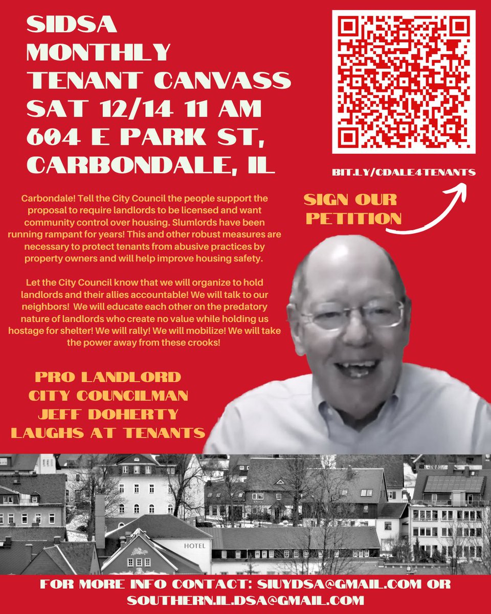 We'd like to invite you out to our tenant canvassing sessions being held each Saturday in December. We will be canvassing around our landlord licensing petition, which would require landlords operating in Carbondale to be licensed. We hope to see you there!