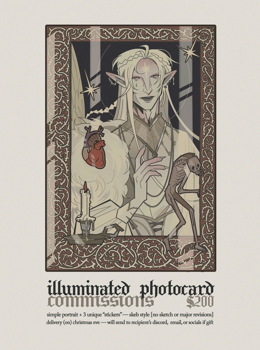 [HOLIDAY COMMISSIONS⭐] 

opening tomorrow (12.13) @ 7PM EST 

I present to thee — illuminated photocards! drawn &amp; colored with a medieval sensibility in mind, these few commissions will be delivered on christmas eve. all ocs welcome. 

glæd geol! {glad yule!}