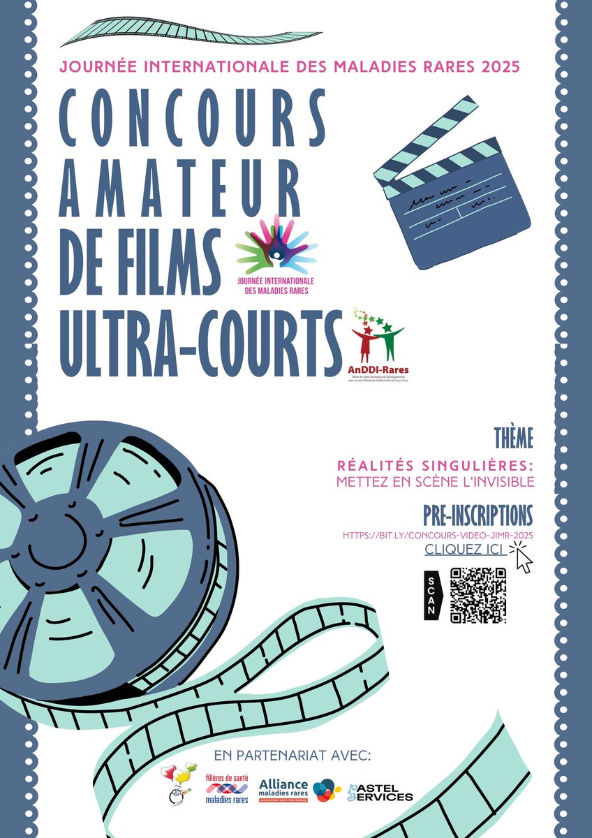 🎥 [Réalités singulières : mettez en scène l'invisible]
Pour la Journée Internationale des #MaladiesRares 2025, la <a href="/AnddiRares/">Filière AnDDI-Rares</a>  vous propose de voter pour le prix du public du concours amateur de films ultra-courts.
👉🏼 Votez pour vos films préférés : bit.ly/3VAUIO6
#JIMR