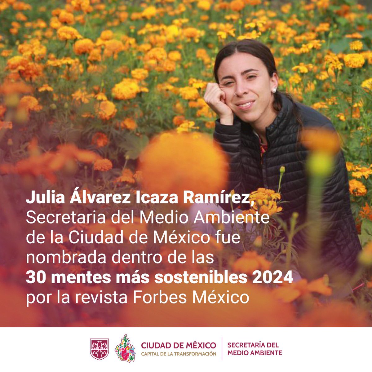 SEDEMA_CDMX's tweet photo. Nuestra titular, @Jualicra, ha sido reconocida por @Forbes_Mexico como una de “Las 30 Mentes Más Sostenibles de 2024”, este reconocimiento destaca su visión en la promoción de soluciones alineadas con la Agenda 2030, abordando los retos mundiales más apremiantes en sostenibilidad https://t.co/28dQWsIyyh
