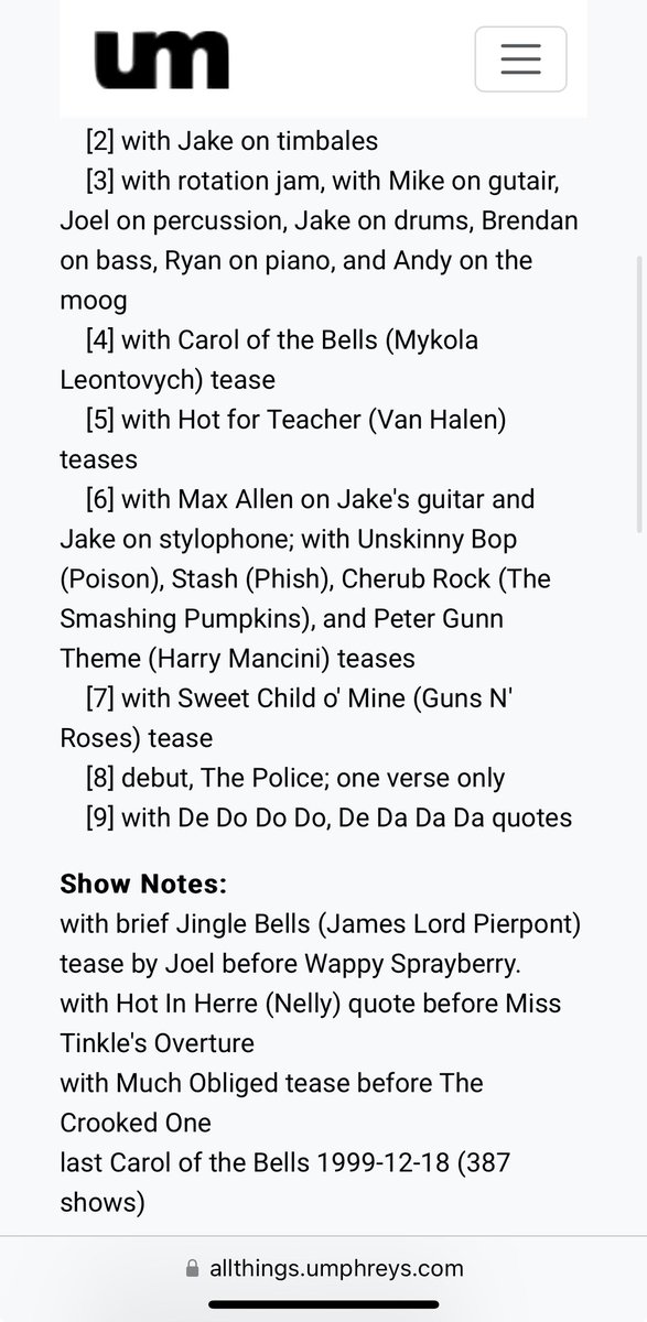 22 yrs ago, Mirro’s 5th to last show marked last time UM performed treasured songs w/founding drummer: Much Obliged, Uncle Wally, Q*Bert, Padgett’s Profile &amp; “Wappy” (b4 rearranged comp &amp; lyrics) + Ringo rotation jam(!) w/crowd on chorus #umphreys

LISTEN relisten.net/umphreys/2002/…