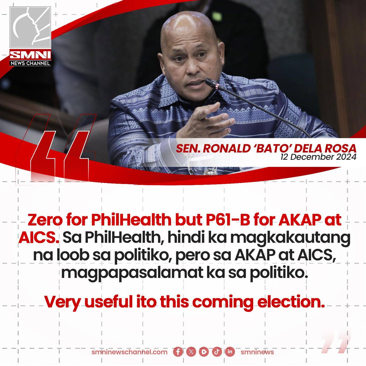 smninews's tweet photo. Zero for PhilHealth but P61-B for AKAP at AICS. Very useful ito this coming election – Sen. "Bato" Dela Rosa https://t.co/0kkyzr50vH