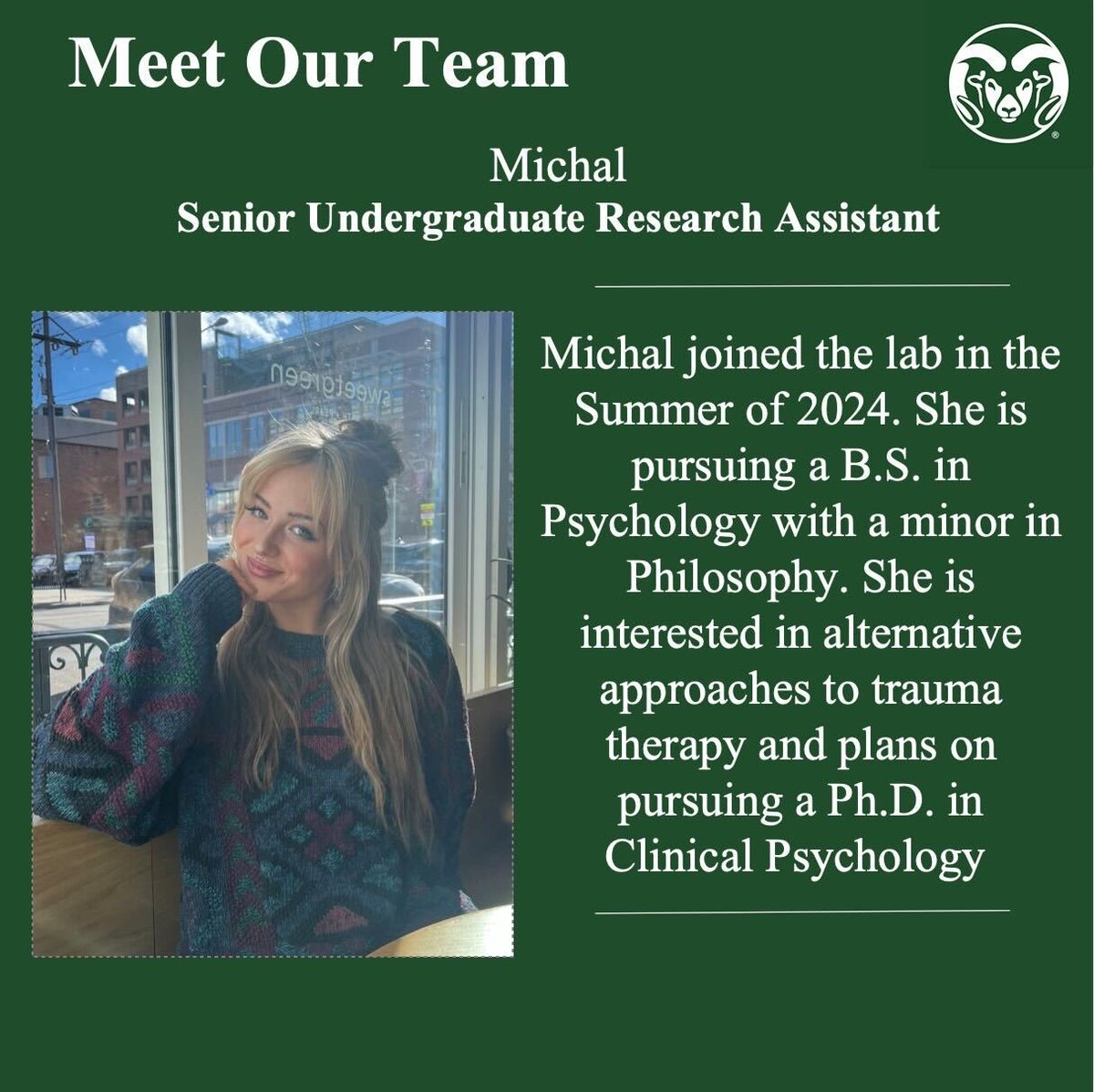 CSU_behav_lab's tweet image. Meet Michal! Michal is currently an undergraduate RA in our lab! She is currently running the instagram account, go follow it @/csu_behavioral_lab
#meettheteam #foco #coloradostate #research #behavioralmedicine