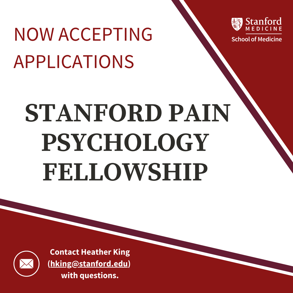 StanfordPain's tweet photo. We're currently accepting applications for our Pain Psychology Fellowship!

Our program is unique in that it offers three fellowship tracks:

1. Clinical fellowship, 100% clinical, one year, APA-accredited.
2. Dual-track clinical and research fellowship (50% clinical/ 50% research: 2 years), APA accredited. 
3. Dual-track clinical and research fellowship (80% research/ 20% clinical: multi-year), typically supported by NIH T32 funding. 

Applicants may choose to apply for a clinical or dual-track clinical and research fellowship. Apply here: https://t.co/2jnr1nZ7B6

#PainPsych #PainPsychology #PainPsychologyFellow #PainPsychologyFellowship #PainFellowship