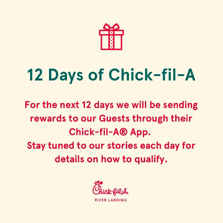 Chickfila_RL's tweet photo. Our 12 Days of Chick-fil-A started today! 🎄❤️ Follow us on IG for details on how to qualify each day. https://t.co/H3Cpik2aga