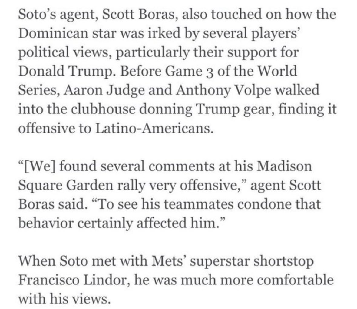 TheAcesOutlaw's tweet photo. So Juan Soto literally left the @Yankees because Aaron Judge and Anthony Volpe wore a Trump shirt before Game 3 of the World Series. Unbelievable. https://t.co/quq8J96a8A