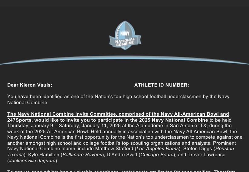 KVauls72's tweet image. Thank you @NationalComb1ne @AABonNBC for the prestigious invite! I can’t wait to perform and represent @Irmo_Football and showcase my skills. See you in San Antonio! @1luv5 @LouatTheState @junebugnewyork @PrepRedzoneSC @HighSchoolBlitz @247recruiting