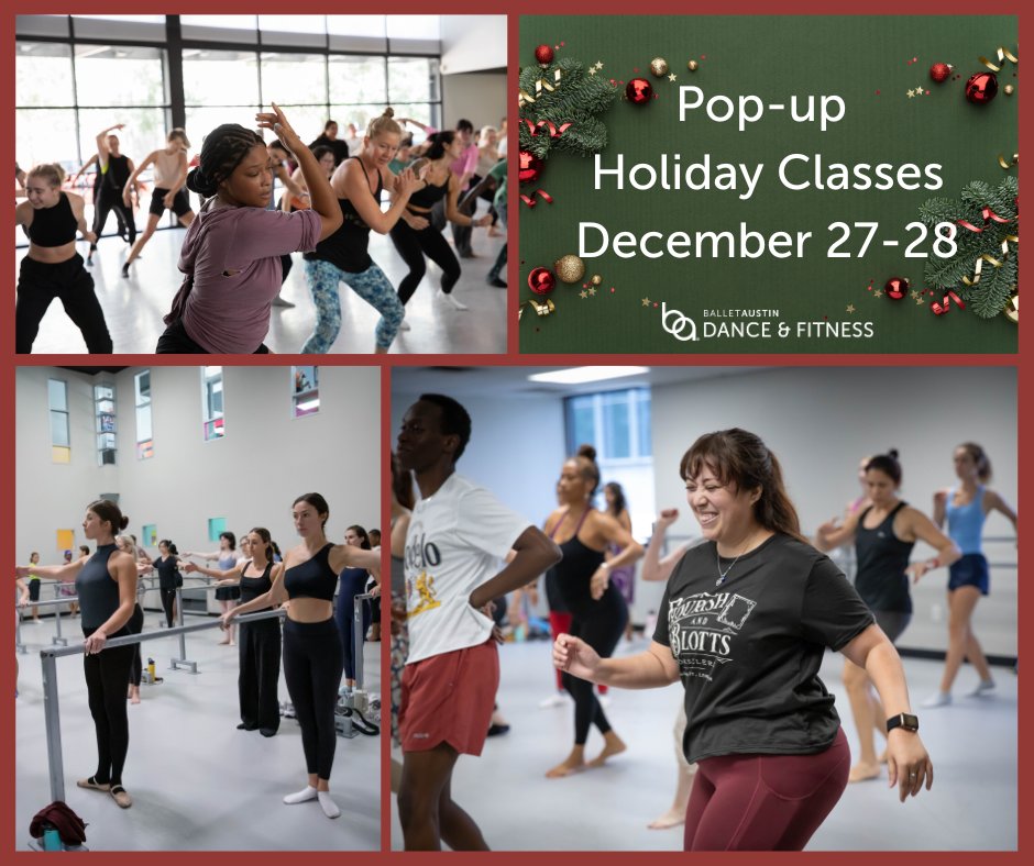 BalletAustinCTR's tweet photo. Our pop-up Winter Holiday Classes are now live! Make plans to get up and move your body on December 27 and 28. Sign up ➡ https://t.co/y9lLKTAgXe
#holidayseason #holidayfitness #workoutmotivation #winterbreak #fitness https://t.co/EBq7HII1IZ