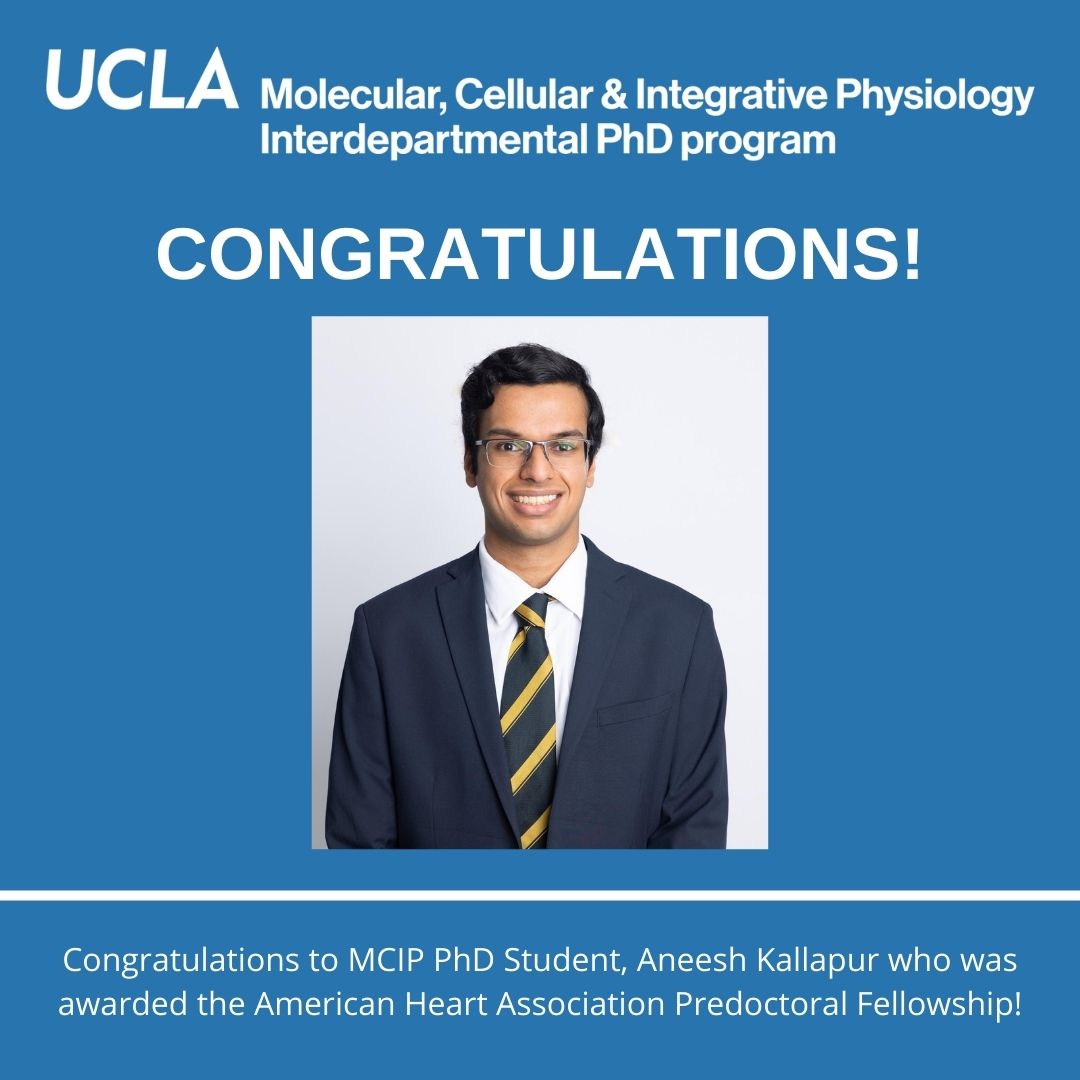 uclamcip's tweet image. Congratulations to MCIP PhD Student, Aneesh Kallapur who was awarded the American Heart Association Predoctoral Fellowship! Congratulations also to his faculty mentor, Dr. Tamer Sallam! Well-deserved!