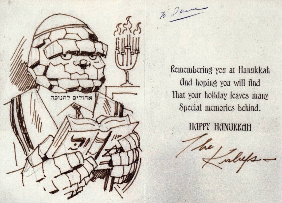 It's Hanukkah Time! Another bit from the Jewish comic book podcast "Funny They Don't Look Jewish" is that the first time Ben Grimm the "Ever-Lovin Blue-Eyed Thing" was shown as being Jewish was in a 1976 Hanukkah card from Fantastic Four artist Jack Kirby
jewishcurrents.org/jack-kirbys-go…
