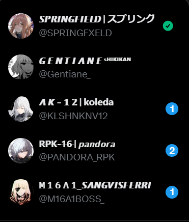 AngeliaDEFY's tweet photo. (Yup, these are the rest of my GFL accounts.

Might integrate Gentiane and Springfield into GFL 2 stuff. I just need time to rebrand them.) https://t.co/6osNXXUIVR