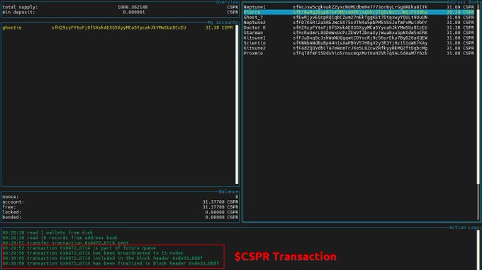 First ever #GHOST #TestNet transaction has been captured 0.69 $CSPR was transferred to a wallet and it took roughly 18 seconds to finalize on #chain. Sending #CSPR functionality will be made available really soon. 👻🚀

Become #GHOST Chain Node Operator:
🔗 https://chain.ghostchain.io/