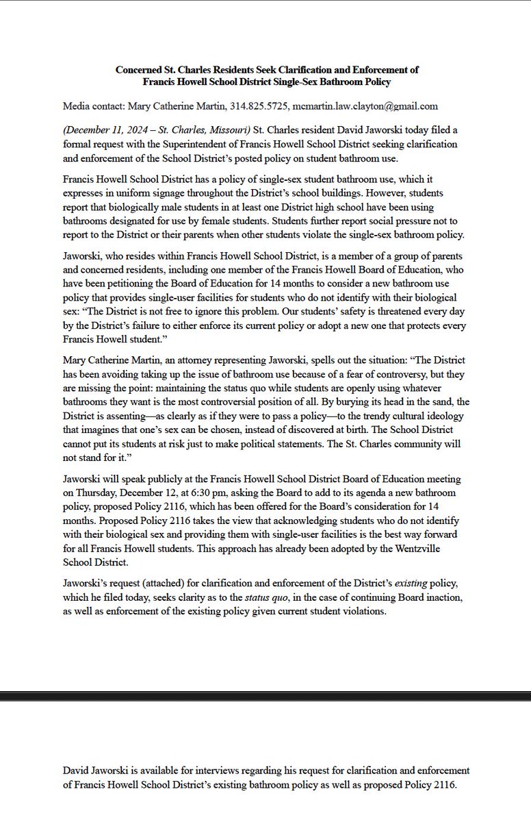 RINOhunter1776's tweet photo. 🚨PRESS RELEASE🚨
St. Charles parents demand action from Francis Howell School District on bathroom policy.
Current single-sex policy not enforced, leading to safety concerns.
Advocates push for new policy providing single-user facilities. Public discussion at Board meeting tonight, 6:30 PM.
#NoMoRINOs
#ShowMeMAGA
#MoPressRelease