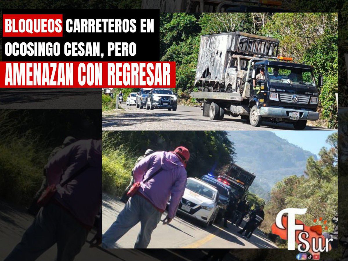 fsurmx's tweet photo. ⚠️Bloqueos carreteros en Ocosingo cesan, pero amenazan con regresar

Después de varias horas de tensión, autoridades lograron esta mañana el retiro de los vehículos incendiados que bloqueaban el tramo [1/6]

#ChiapasEnCrisis #NoALaViolencia #JusticiaParaLasComunidades #FNLS https://t.co/6DcTfHBDvN