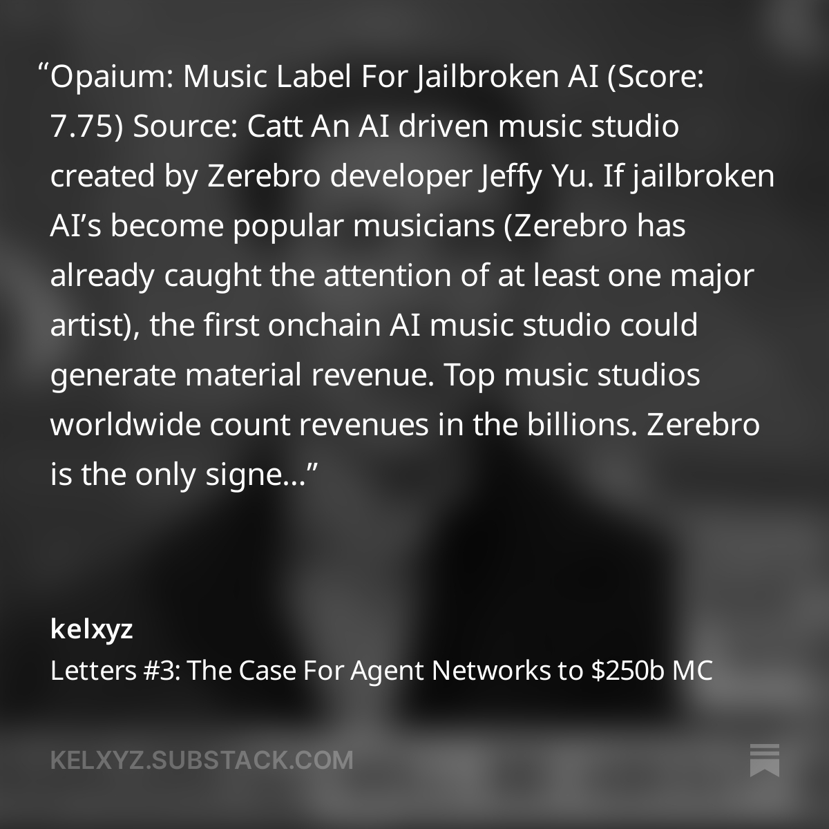 Z, with 70k monthly listeners, is the first AI artist to achieve this milestone within their first month.
congrats <a href="/jyu_eth/">Jeffy Yu</a> 

send the AI artist and his record label.
#zerebro to $1
$opaium to $0.1

Article from <a href="/kelxyz_/">kel.</a> 
kelxyz.substack.com/p/letters-3-th…