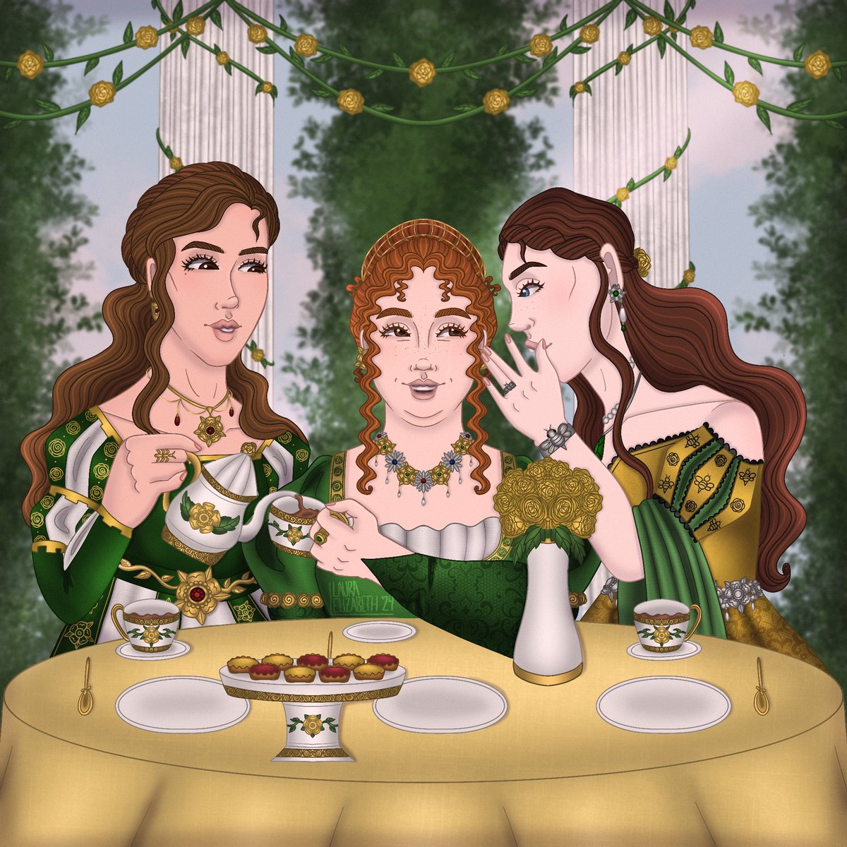 highgardenart's tweet photo. 🏵️Tyrell Week Day 2— Roses from Lower on the Bush🏵️

— [L-R: Elinor, Megga, and Alla having a tea party]

#HouseTyrellWeek2024 https://t.co/YC892QaDiY