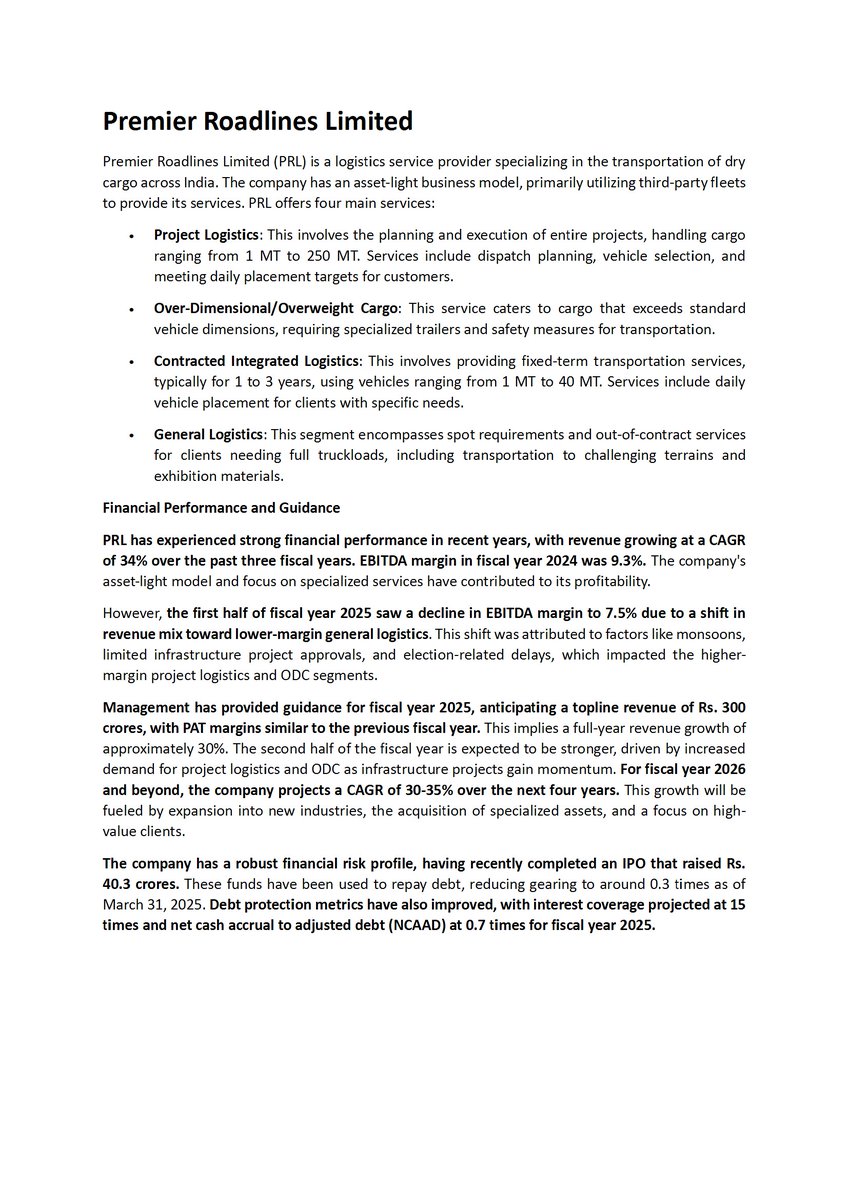 Mysticbaba360's tweet image. Premier Roadlines Limited
Management has provided guidance for a topline revenue of Rs. 300 crores (FY24-25), with PAT margins similar to PY.

Disc:- Invested &amp;amp; Biased.

#Premierroadlines #SME #StocksToBuy #StockMarketIndia #Multibagger #Mysticbaba360 #PRL #SMEs #Premier