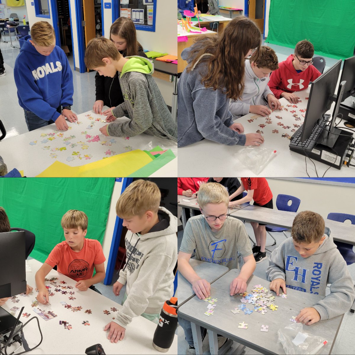 mrpaxtontech's tweet photo. 7th grade technology did a puzzle teamwork activity right after fall break. How well did they work together once they realized they didn't have all the pieces to the puzzle? Took some cooperation and perseverance, but they all finished. #EHRoyalPride https://t.co/uiEwf76us8