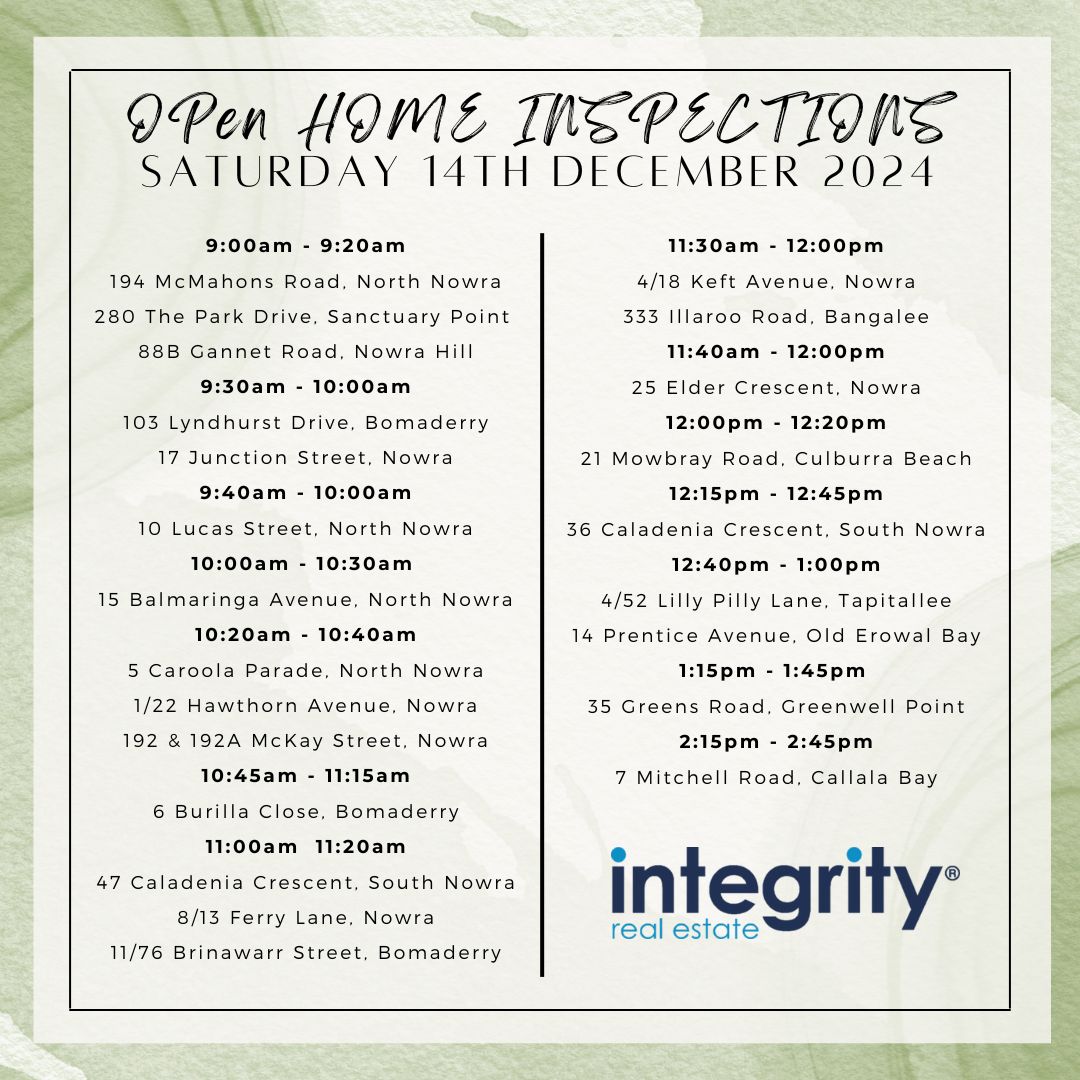 Integrity2003's tweet photo. Open Homes | Saturday 14th December 2024
Come along and check out some of our current listings! π‘π
#integrityrealestate #getabetterpricewithintegrity #openhouse #shoalhaven #forsale #openforinspection https://t.co/E0YxEEUaP7