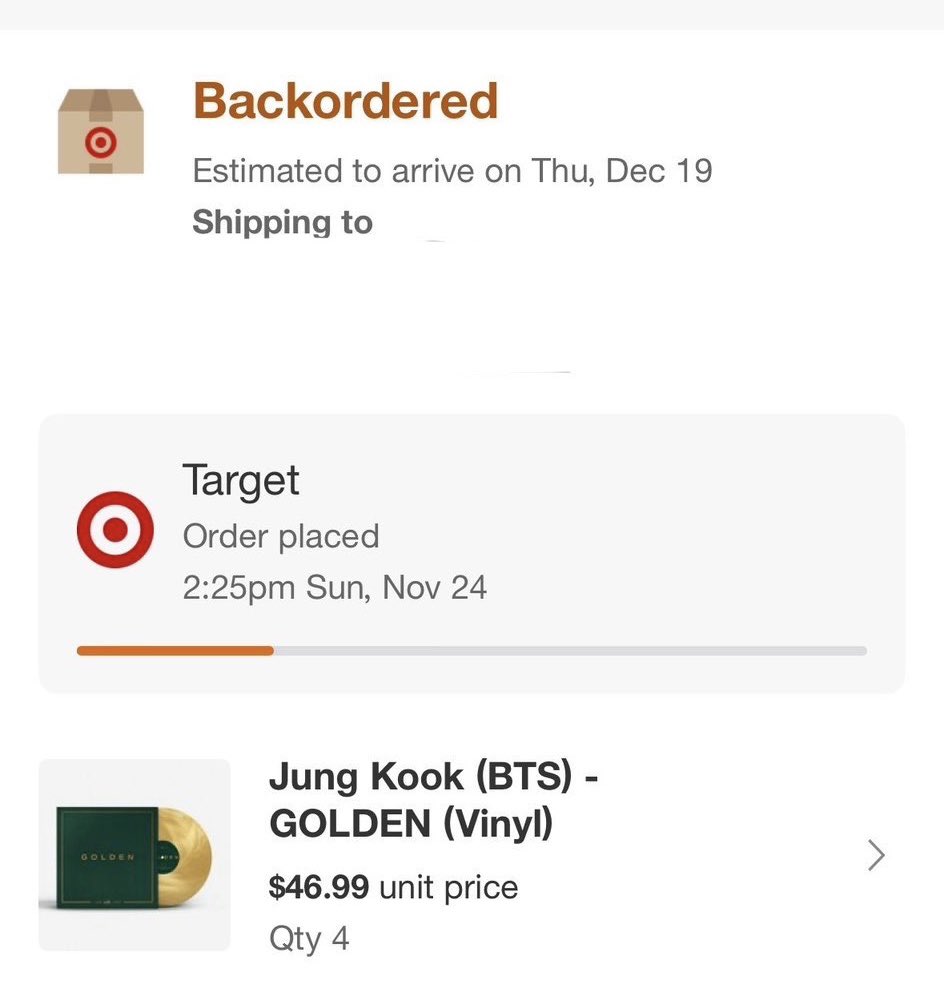 GoldenJKUnivers's tweet image. Hi, @HYBEOFFICIALtwt @GeffenRecords, @bts_bighit @Target, all the Target orders for the Golden Vinyl by Jungkook are getting backordered and delayed. The Vinyls need to be shipped by Monday to count for the tracking week. Ship the Albums in a timely manner. Fix this please.