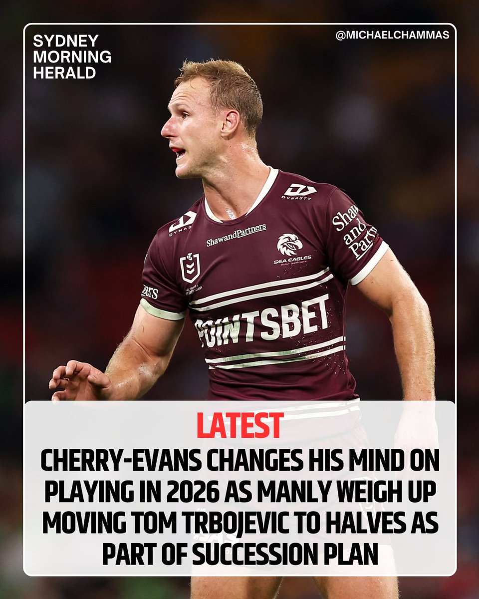 MichaelChammas's tweet photo. LATEST
Tom Trbojevic faces switch to halves with Cherry-Evans’ future up in the air

DCE last month told club officials he wanted to play on in 2026. Yesterday he had a change of heart, informing Manly he wanted to see how the year plays out.

https://t.co/gmYlb8JBBS https://t.co/0737eUVtNA