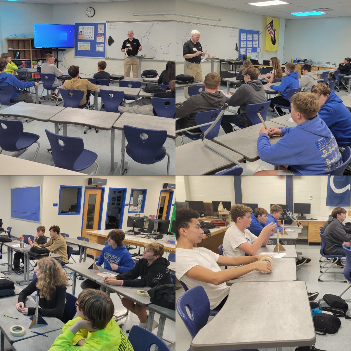 mrpaxtontech's tweet photo. Bill Decker from Purdue Extension Discovery Programs visited our 8th grade gateway classes a few times this semester to teach them about the 4-H rocketry program and the students also built rockets and launched them.. #EHRoyalPride https://t.co/1gAfqAfiQr