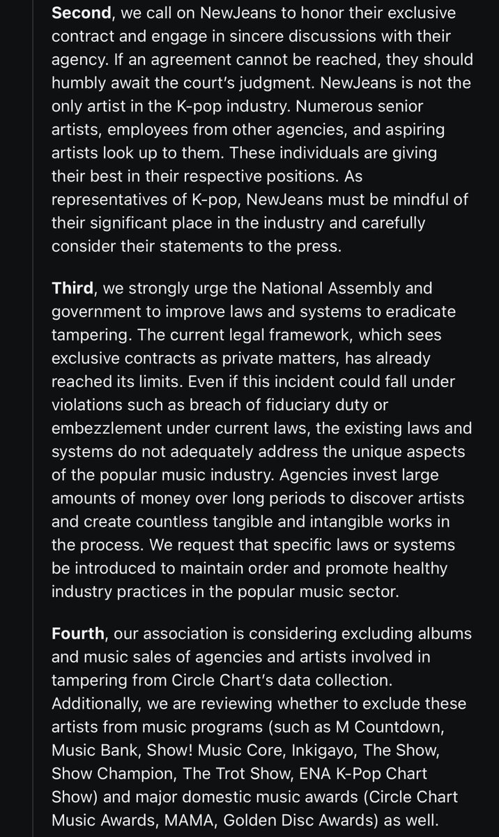 gomdorichick's tweet photo. They’re getting themselves blacklisted 🫢

Fourth, our association is considering excluding albums and music sales of agencies and artists involved in tampering from Circle Chart’s data collection. Additionally, we are reviewing whether to exclude these artists from music programs (such as M Countdown, Music Bank, Show! Music Core, Inkigayo, The Show, Show Champion, The Trot Show, ENA K-Pop Chart Show) and major domestic music awards (Circle Chart Music Awards, MAMA, Golden Disc Awards) as well.