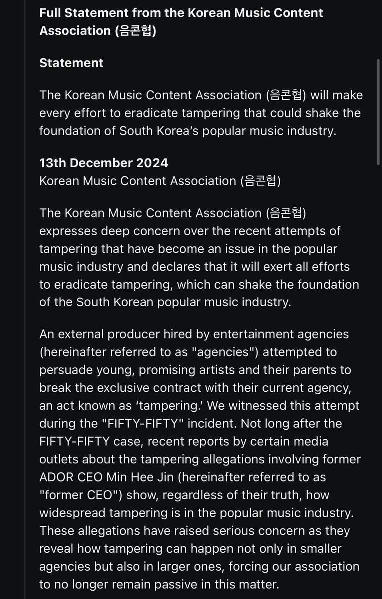 gomdorichick's tweet photo. They’re getting themselves blacklisted 🫢

Fourth, our association is considering excluding albums and music sales of agencies and artists involved in tampering from Circle Chart’s data collection. Additionally, we are reviewing whether to exclude these artists from music programs (such as M Countdown, Music Bank, Show! Music Core, Inkigayo, The Show, Show Champion, The Trot Show, ENA K-Pop Chart Show) and major domestic music awards (Circle Chart Music Awards, MAMA, Golden Disc Awards) as well.