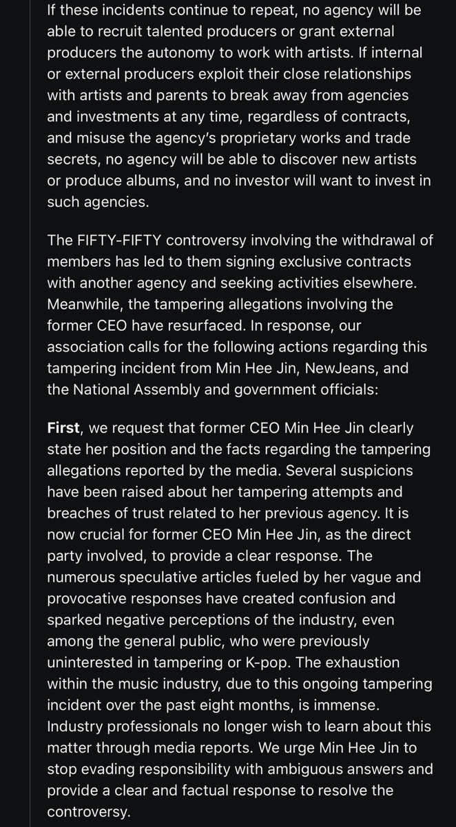 gomdorichick's tweet photo. They’re getting themselves blacklisted 🫢

Fourth, our association is considering excluding albums and music sales of agencies and artists involved in tampering from Circle Chart’s data collection. Additionally, we are reviewing whether to exclude these artists from music programs (such as M Countdown, Music Bank, Show! Music Core, Inkigayo, The Show, Show Champion, The Trot Show, ENA K-Pop Chart Show) and major domestic music awards (Circle Chart Music Awards, MAMA, Golden Disc Awards) as well.