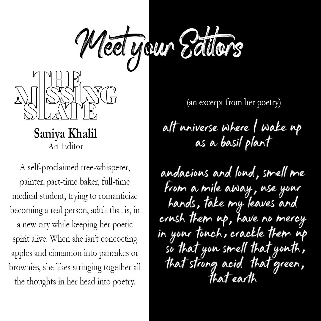 At the end of this tremendously wonderful year for The Missing Slate, we would like you to get to know our editors, starting with: Saniya Khalil, our Art Editor.