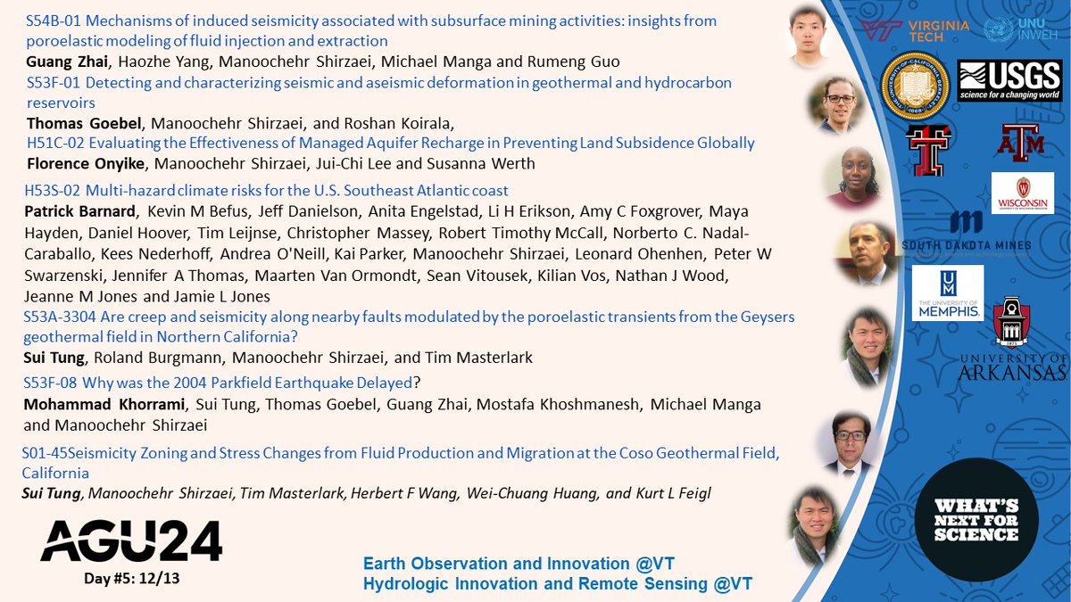 Manoochehr Shirzaei (@shirzaei) on Twitter photo *** AGU24-Day5 ***
I hope you all had a successful 4th day at #AGU24 of
<a href="/theAGU/">AGU (American Geophysical Union)</a>!
Members of <a href="/EOI_lab/">Earth Observation & Innovation @VT</a> and <a href="/HIRSlab/">Hydrologic Innovation & Remote Sensing @VT</a> of <a href="/vtgeosciences/">Geosciences at VT</a>
and friends have another 7 exciting presentations on the 5th day of the conference. Please consider attending them. <a href="/UNUINWEH/">UN University-INWEH</a> <a href="/VT_Science/">Virginia Tech Science</a> *** AGU24-Day5 ***
I hope you all had a successful 4th day at #AGU24 of
<a href="/theAGU/">AGU (American Geophysical Union)</a>!
Members of <a href="/EOI_lab/">Earth Observation & Innovation @VT</a> and <a href="/HIRSlab/">Hydrologic Innovation & Remote Sensing @VT</a> of <a href="/vtgeosciences/">Geosciences at VT</a>
and friends have another 7 exciting presentations on the 5th day of the conference. Please consider attending them. <a href="/UNUINWEH/">UN University-INWEH</a> <a href="/VT_Science/">Virginia Tech Science</a>
