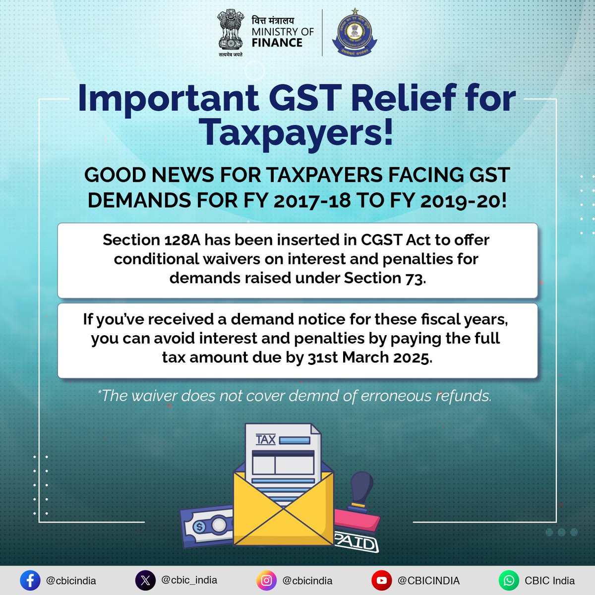 In relief to GST taxpayers, <a href="/cbic_india/">CBIC</a> relaxes rules to ensure that accrued interest and penalties are avoided for GST demands for FY2017-18 to FY2019-20 by paying the full tax amount due by 31st March, 2025.

#FinMinYearReview2024
#TaxInitiatives2024
#ViksitBharat