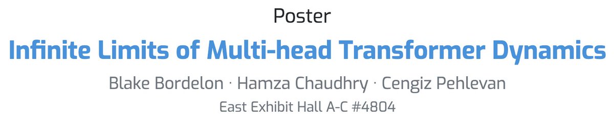 Blake Bordelon βοΈπ§ͺπ¨βπ» (@blake__bordelon) on Twitter photo Come by at Neurips to hear Hamza present about interesting properties of various feature learning infinite parameter limits of transformer models!
Poster in Hall A-C #4804 at 11 AM PST Friday
Paper arxiv.org/abs/2405.15712
Work with <a href="/hamzatchaudhry/">Hamza Tahir Chaudhry</a> and <a href="/CPehlevan/">Cengiz Pehlevan</a> Come by at Neurips to hear Hamza present about interesting properties of various feature learning infinite parameter limits of transformer models!
Poster in Hall A-C #4804 at 11 AM PST Friday
Paper arxiv.org/abs/2405.15712
Work with <a href="/hamzatchaudhry/">Hamza Tahir Chaudhry</a> and <a href="/CPehlevan/">Cengiz Pehlevan</a>
