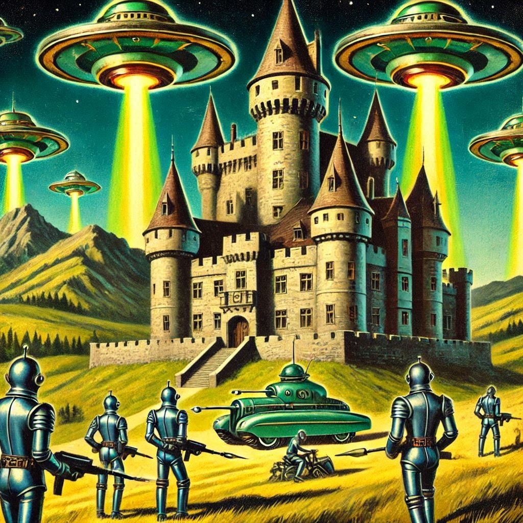 cel67540628's tweet photo. Medieval castle with a Retro Sci-Fi aesthetic #aiart #aiartwork #ArtisticAI #aiartcommunity #aiartworks #ai #art #generativeart https://t.co/KiKiC6xK5T
