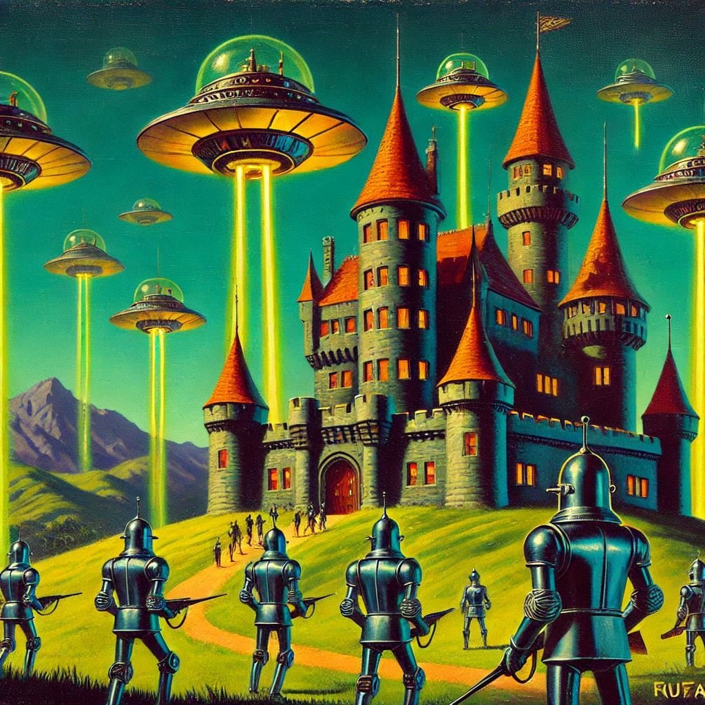 cel67540628's tweet photo. Medieval castle with a Retro Sci-Fi aesthetic #aiart #aiartwork #ArtisticAI #aiartcommunity #aiartworks #ai #art #generativeart https://t.co/KiKiC6xK5T