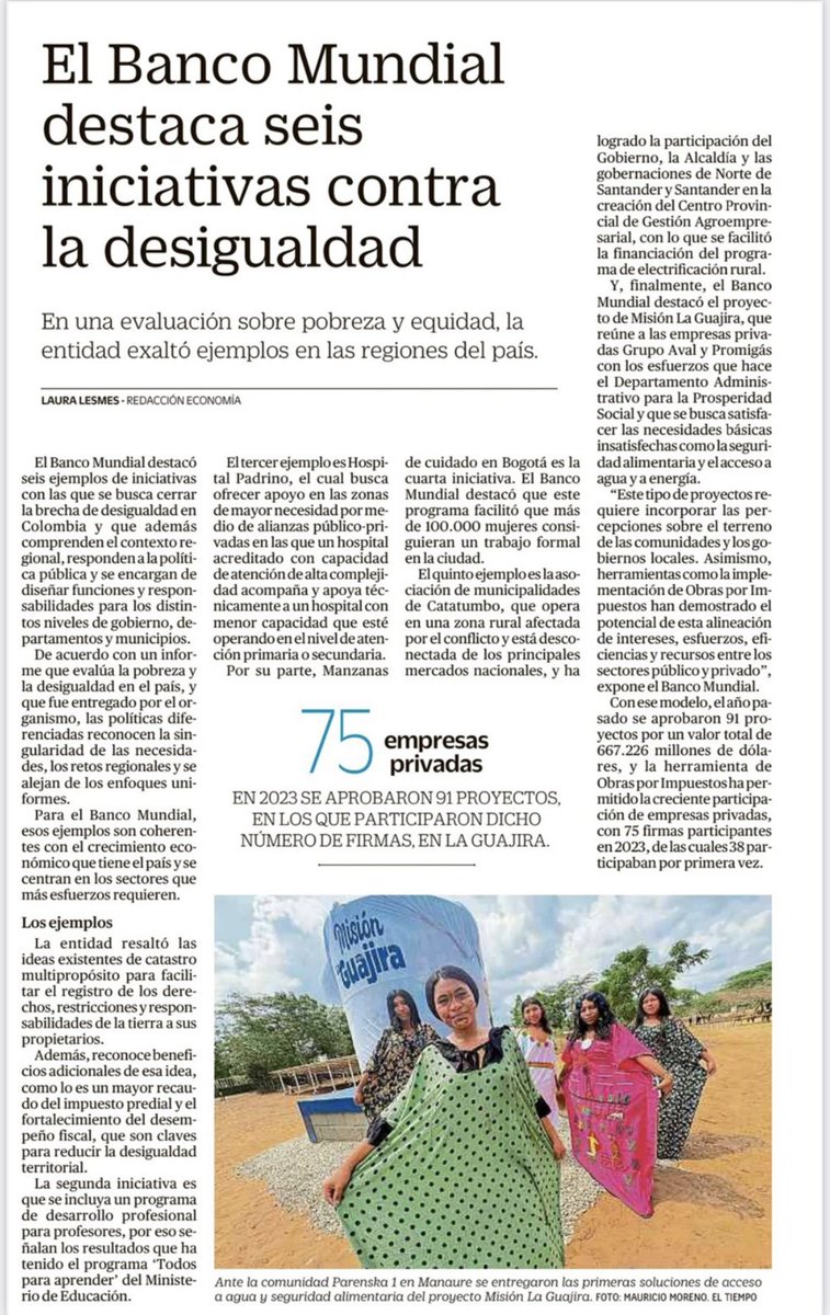 Laura Sarabia (@laurisarabia) on Twitter photo Con satisfacción y alegría comparto esta noticia. El <a href="/BancoMundial/">Banco Mundial</a> destaca a #MisiónLaGuajira como una iniciativa exitosa para cerrar las brechas de desigualdad en Colombia.
Este proyecto es el resultado del trabajo conjunto entre el Gobierno Nacional y el sector privado. Con satisfacción y alegría comparto esta noticia. El <a href="/BancoMundial/">Banco Mundial</a> destaca a #MisiónLaGuajira como una iniciativa exitosa para cerrar las brechas de desigualdad en Colombia.
Este proyecto es el resultado del trabajo conjunto entre el Gobierno Nacional y el sector privado.
