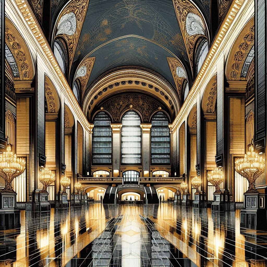cel67540628's tweet photo. Art Deco train station with a Gothic Revival aesthetic #aiart #aiartwork #ArtisticAI #aiartcommunity #aiartworks #ai #art #generativeart https://t.co/UcGE5nxH9I