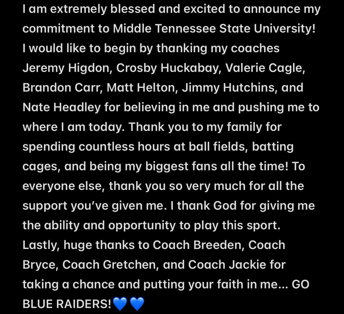Sailor Presley (@spresley2026) on Twitter photo COMMITTED!!! GO BLUE RAIDERS!๐๐
<a href="/JBMTSUsoftball/">Jeff Breeden</a> <a href="/Bbrentz7/">Bryce Brentz</a> <a href="/GretchenMead27/">Coach Gretchen</a> <a href="/jaackie44/">Jackie McKenna</a> <a href="/FuryPlatinum/">FuryPlatinumSoftballClub</a> <a href="/Jeremy_P_Higdon/">Jeremy Higdon</a> <a href="/Brandon14Carr/">Brandon Carr</a> <a href="/nheadley14/">Nate Headley</a> COMMITTED!!! GO BLUE RAIDERS!๐๐
<a href="/JBMTSUsoftball/">Jeff Breeden</a> <a href="/Bbrentz7/">Bryce Brentz</a> <a href="/GretchenMead27/">Coach Gretchen</a> <a href="/jaackie44/">Jackie McKenna</a> <a href="/FuryPlatinum/">FuryPlatinumSoftballClub</a> <a href="/Jeremy_P_Higdon/">Jeremy Higdon</a> <a href="/Brandon14Carr/">Brandon Carr</a> <a href="/nheadley14/">Nate Headley</a>