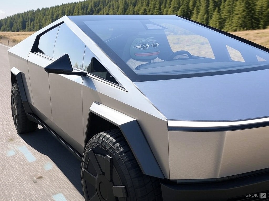 samv1518456's tweet photo. Image by @grok 
Hey @elonmusk, looks like Pepe the Frog just found his new ride! The Tesla Cybertruck is clearly Pepe approved.  😏 #CyberPepe #Tesla $PEPE #PEPE #PEPEARMY https://t.co/2JuQtkpvvw