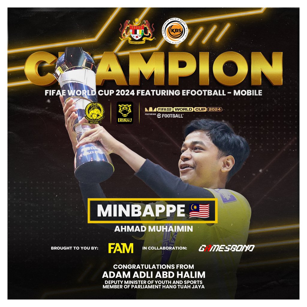 AdamAdli's tweet photo. Tahniah Minbappe! Satu lagi kejuaraan dunia untuk wakil esports negara! 🇲🇾

Rekod tanpa kalah di peringkat kumpulan ✅
Menang bersih di perlawanan akhir ✅
Juara Dunia 🏆 ✅

#MalaysiaMADANI #FeWC2024 #FIFAe #eFootball https://t.co/zUpQsqpuSj