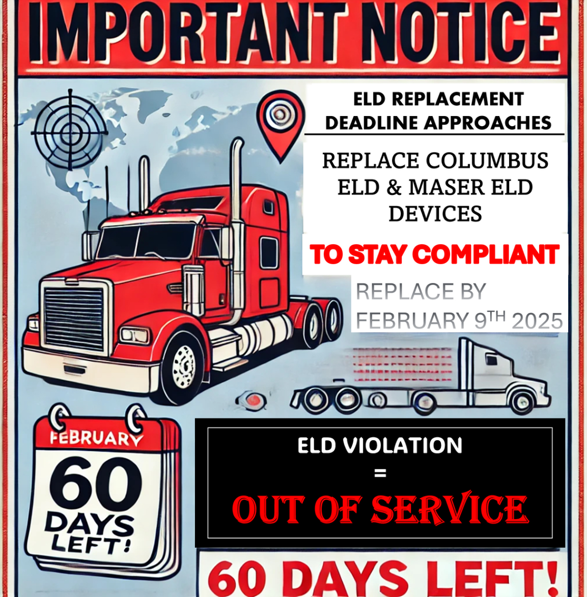 TrailerGirls_'s tweet photo. 🚨 ELD Deadline Alert! 🚨
If you're using COLUMBUS ELD or MasterELD, you have 60 days to replace them by Feb 9, 2025 to stay compliant! ⚠️ Don’t risk an Out of Service violation! 🚛
#Truckers #ELDCompliance #FMCSA #RoadSafety https://t.co/m9P3VOEW24