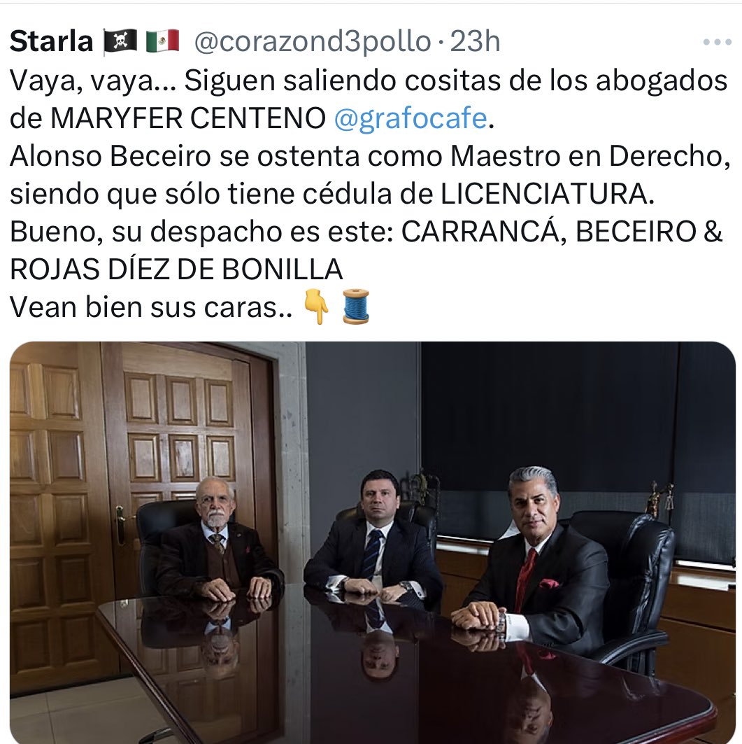 <a href="/SergioMayerb/">Sergio Mayer B.</a> <a href="/FiscaliaCDMX/">Fiscalía CDMX</a> <a href="/GAINFANTE/">GUSTAVO ADOLFO INFANTE TV</a> <a href="/Grafocafe/">Maryfer Centeno</a> <a href="/BeceiroAlonso/">Alonso Beceiro</a> Recuerda que el ministro Carrancá es socio de <a href="/BeceiroAlonso/">Alonso Beceiro</a> y amigo de la mamá de <a href="/Grafocafe/">Maryfer Centeno</a>. <a href="/NormaPinaH/">Norma PH</a> <a href="/Claudiashein/">Claudia Sheinbaum Pardo</a>