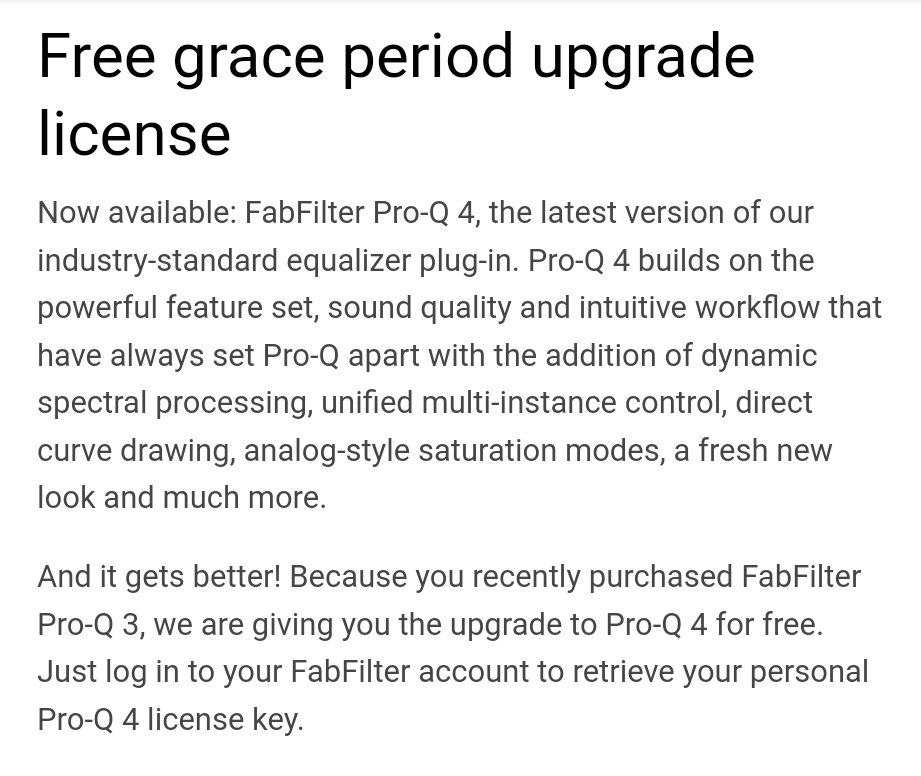 JunichiBas36855's tweet photo. Pro-Q4発売、最近Pro-Q3を導入したばかりなのに…と思っていたら、FabFilterから最近購入者への無料の猶予期間アップグレードのうれしいお知らせ!!
#DTM #ProQ4 https://t.co/XJwofMYGpE
