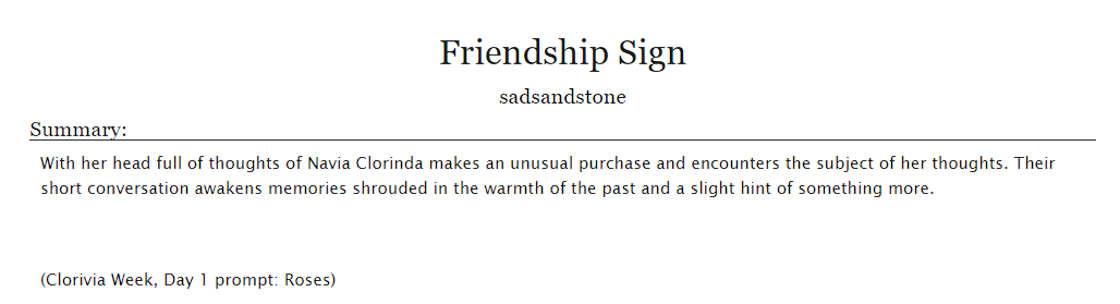 sadsandstone's tweet photo. Just found out about Clorivia week so a bit late to the party!

Friendship Sign (Day 1 | Roses)
🔗https://t.co/kObD3mlXxl

G | 1,2k | Fluff
@cloriviaweek
 #CloriviaWeek2024 #clorivia https://t.co/527UsgHIbA