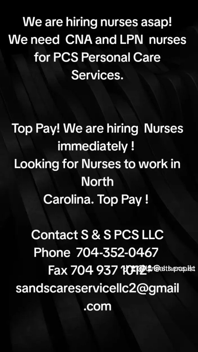 SandSPCSLLC's tweet image. We need CNAs, RNs and IHAs nurses for Personal Care , Respite, and Private Duty services. Looking for nurses to work in NC. 
Contact S &amp;amp; S PCS LLC
Phone 704 352 0457
Administrator Dexter Allen  689-258-2213