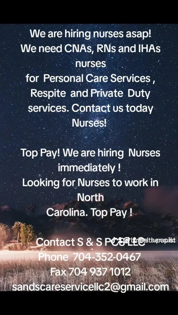 SandSPCSLLC's tweet image. We need CNAs, RNs and IHAs nurses for Personal Care , Respite, and Private Duty services. Looking for nurses to work in NC. 
Contact S &amp;amp; S PCS LLC
Phone 704 352 0457
Administrator Dexter Allen  689-258-2213