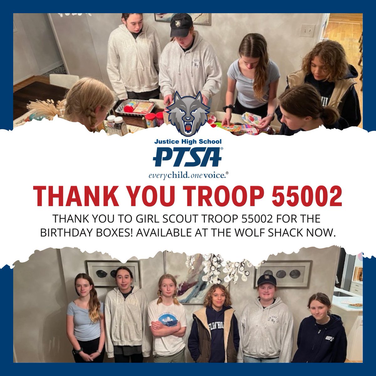 Girl Scout Troop 55002 put together Birthday Boxes for the Wolf Shack to help Justice families celebrate! Thank you to the Troop for their thoughtfulness. The boxes will be available in the Wolf Shack on request.